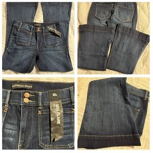 Express Dark Blue bell bottom flared woman’s junior long Jeans. size 10S. NWT